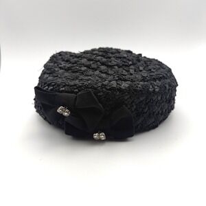 Archie Eason Vintage Turban Black Pillbox Hat Woven Straw‎ Rhinestone Bow Accent